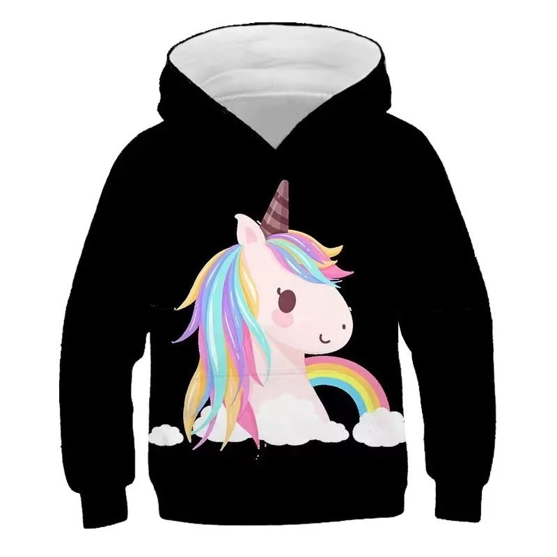 Rainbow Unicorn Hooded Long Sleeve Top -Black