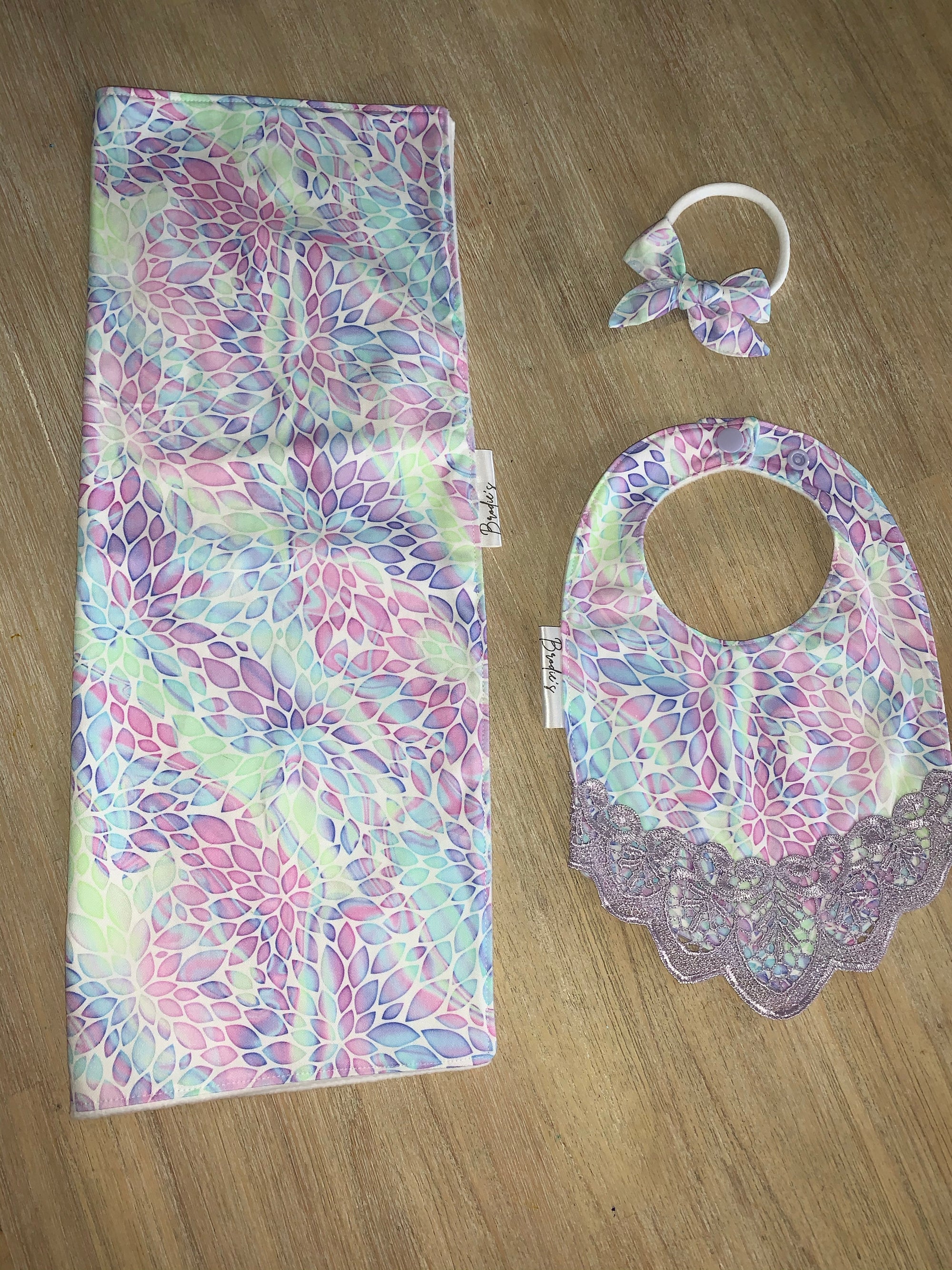Handmade Rainbow Lace Bib, Bow and Burp Cloth Set