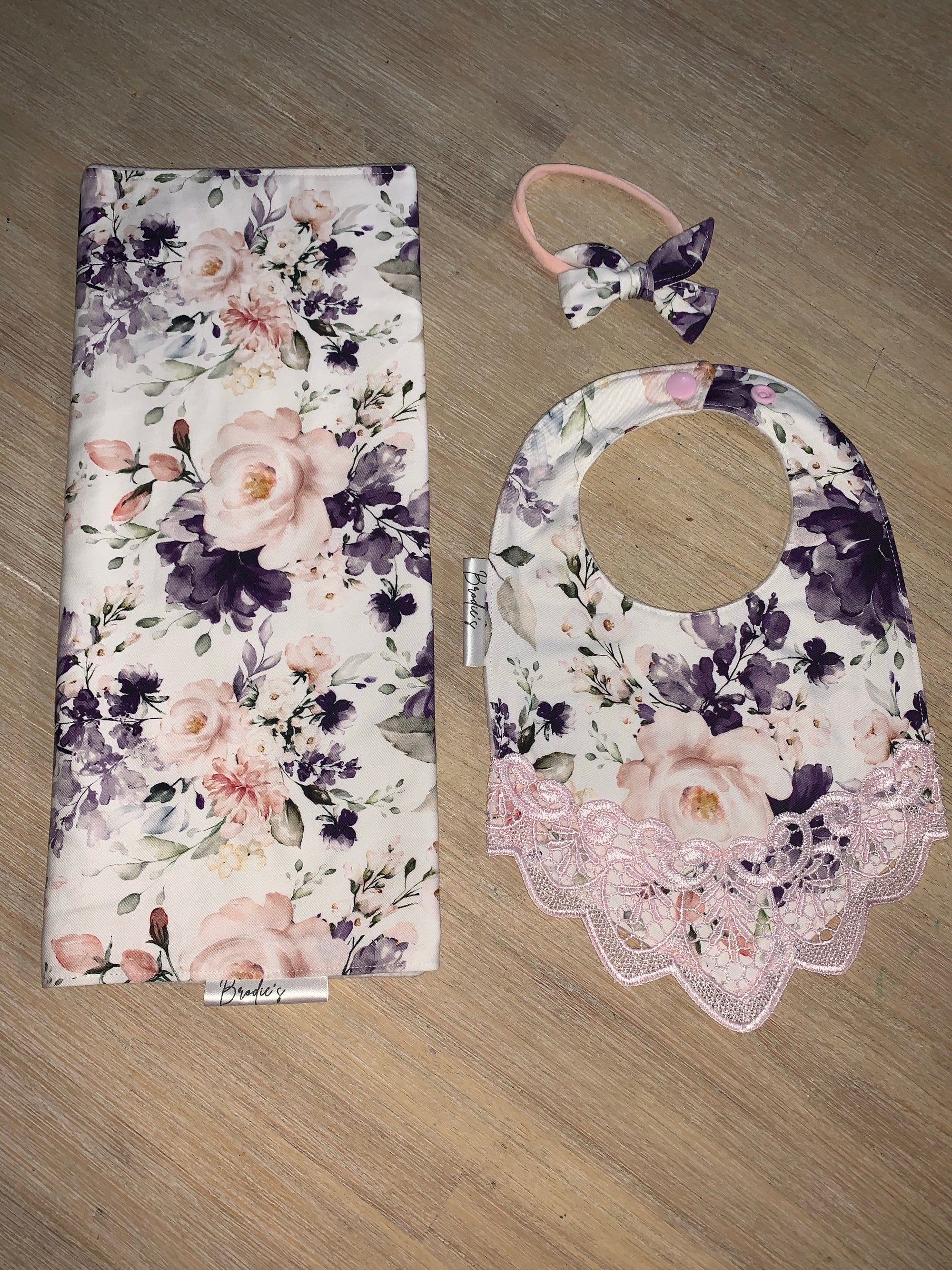 Purple Floral Bib, Bow and Burp Cloth