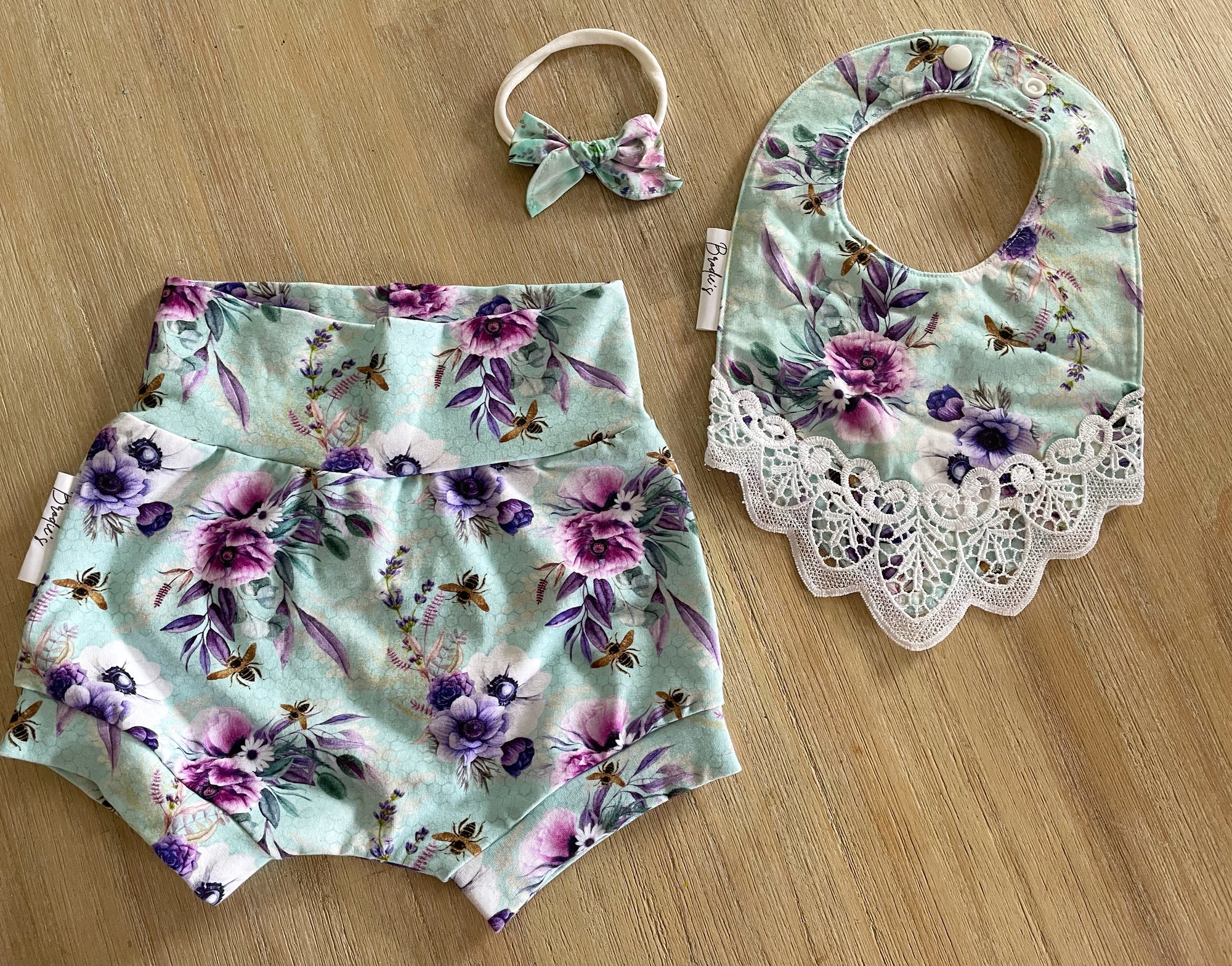 Handmade Shorts, Lace Bib and Bow Set
