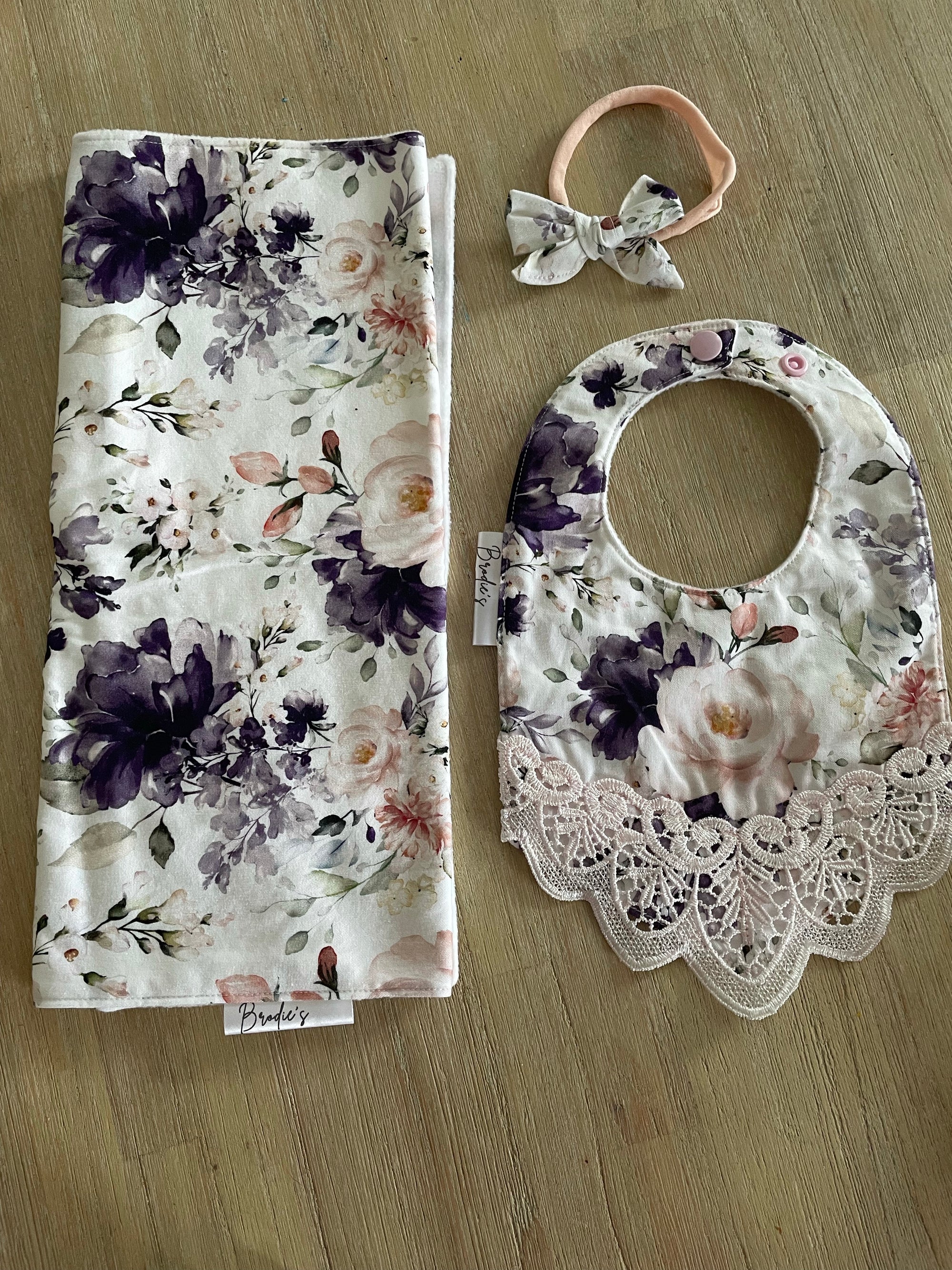 Handmade Purple Floral Bib, Burp Cloth and Bow Set