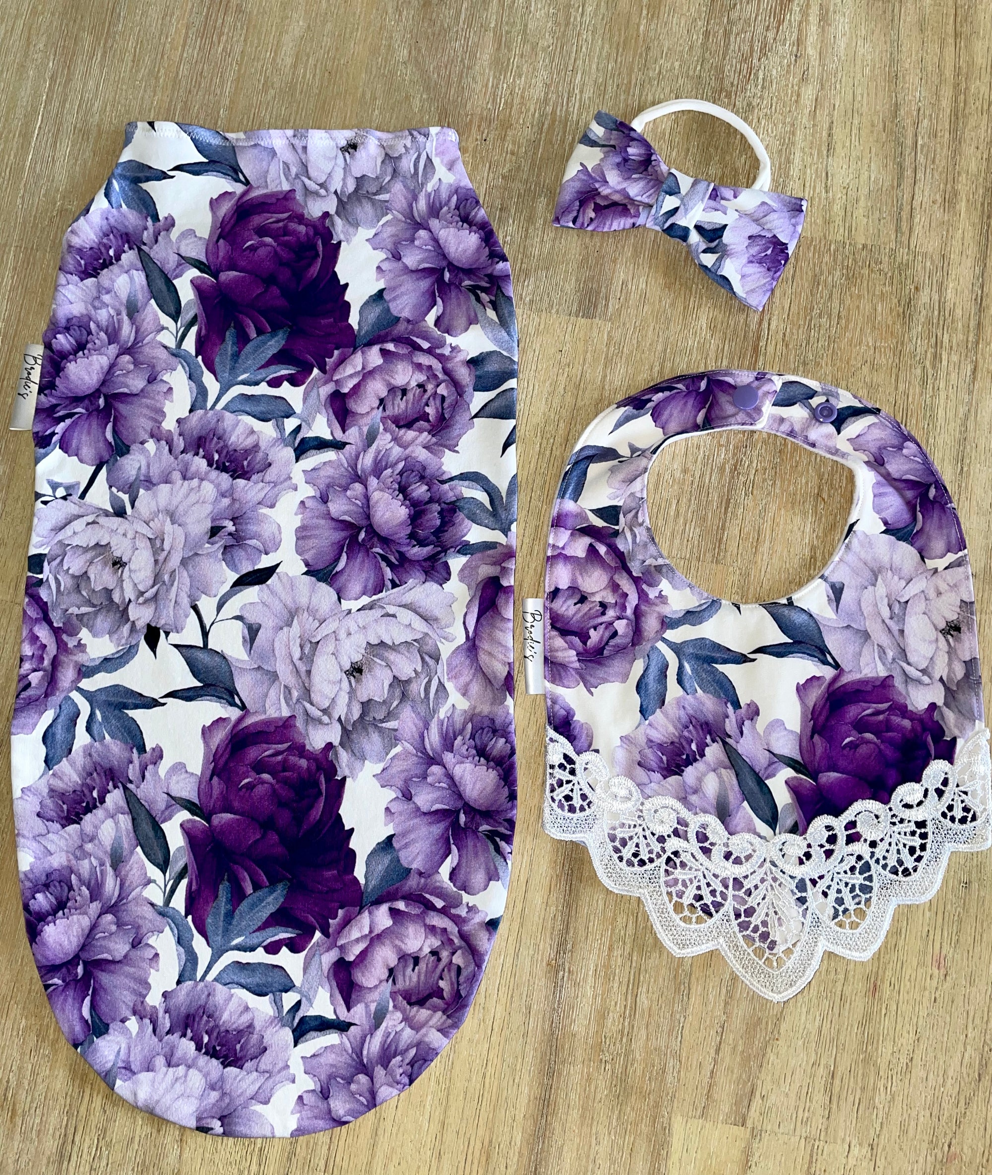 Purple Peony Handmade Swaddle & Bib Set